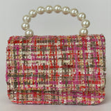 Bolso de Mano para Niñas de Tweed Rosa con Asa de Perlas - Elegante y Encantador