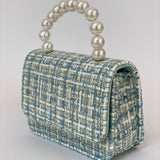 Bolso de Mano para Niñas de Tweed Rosa con Asa de Perlas - azul cielo