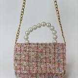 Bolso de Mano para Niñas de Tweed Rosa con Asa de Perlas rosa arcoíris
