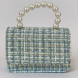 Bolso de Mano para Niñas de Tweed Rosa con Asa de Perlas - azul cielo