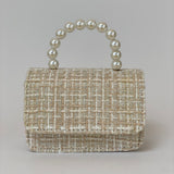 Bolso de Mano para Niñas de Tweed Rosa con Asa de Perlas