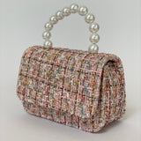 Bolso de Mano para Niñas de Tweed Rosa con Asa de Perlas rosa arcoíris