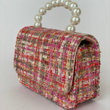 Bolso de Mano para Niñas de Tweed Rosa con Asa de Perlas - Elegante y Encantador
