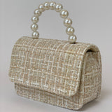Bolso de Mano para Niñas de Tweed Rosa con Asa de Perlas