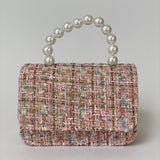 Bolso de Mano para Niñas de Tweed Rosa con Asa de Perlas rosa arcoíris