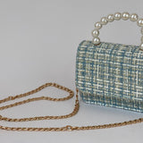 Bolso de Mano para Niñas de Tweed Rosa con Asa de Perlas - azul cielo